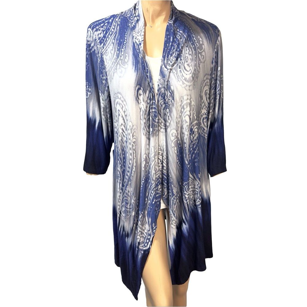 Catherines Cardigan Womenโs Size 1X 18 20W Open Front Longline Blue Print NWT